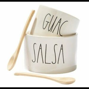 Rae Dunn guacamole and salsa bowl set with wooden spoons.